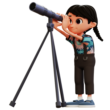 Little Girl Looking At Sky With Telescope  3D Illustration