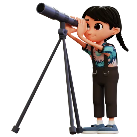 Little Girl Looking At Sky With Telescope  3D Illustration