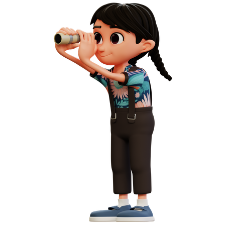 Little Girl Looking With Binoculars  3D Illustration