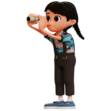 Little Girl Looking With Binoculars  3D Illustration