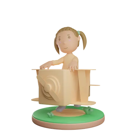 Little girl playing with cardboard plane 3D Illustration