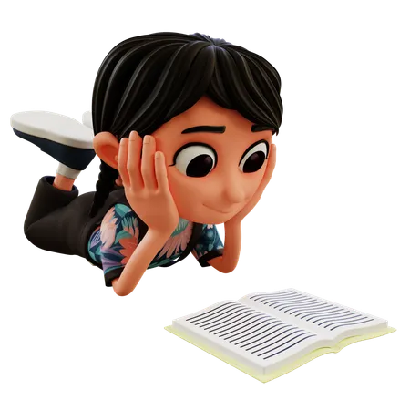 Little Girl Reading Book  3D Illustration