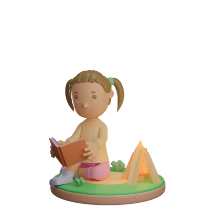 Little girl reading book near bonfire  3D Illustration