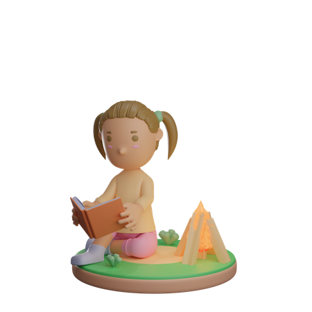 Little girl reading book near bonfire 3D Illustration