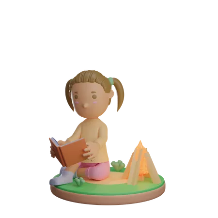 Little girl reading book near bonfire 3D Illustration