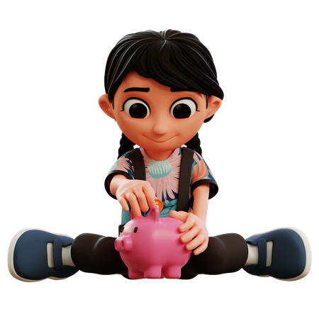 Little Girl Saving Money In Piggy Bank  3D Illustration