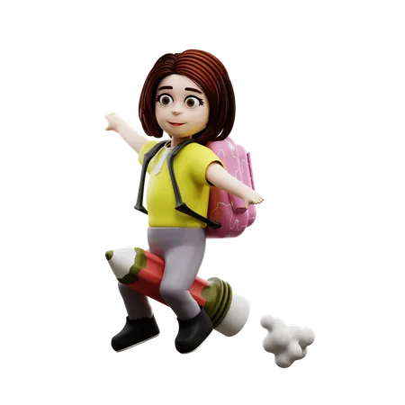 Little girl student riding rocket pencil  3D Illustration