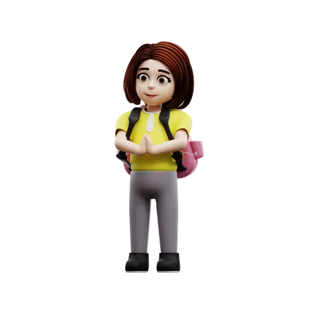 Little girl student wearing school bag  3D Illustration