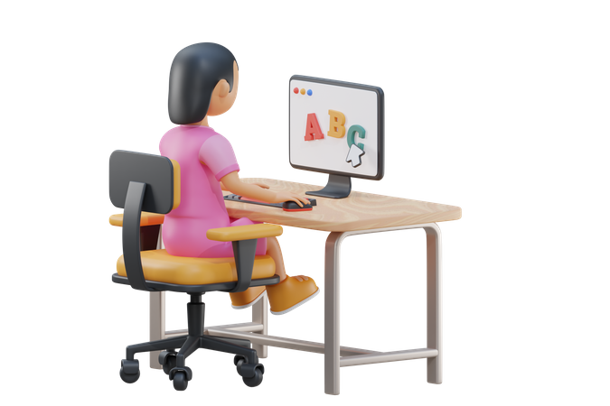 Little girl study on computer  3D Illustration