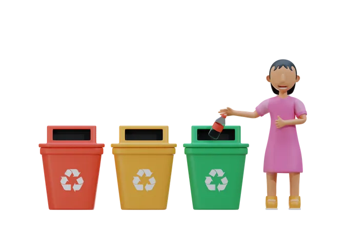 Little girl throw plastic waste to recycle bin  3D Illustration