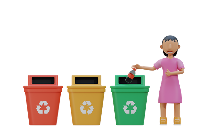 Little girl throw plastic waste to recycle bin  3D Illustration