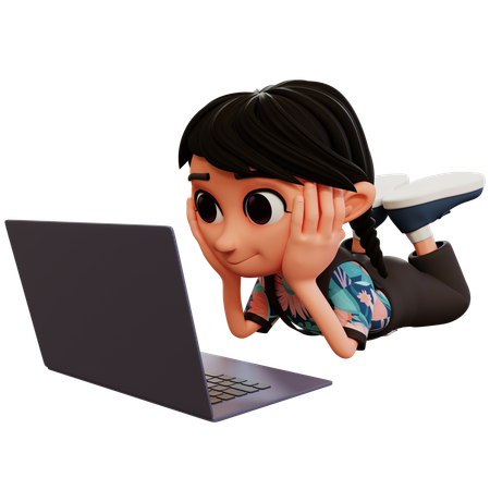 Little Girl Watching On Laptop  3D Illustration