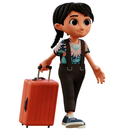 Little Girl With Suitcase  3D Illustration