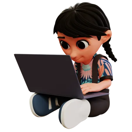 Little Girl Working On Laptop  3D Illustration