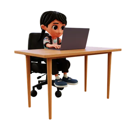 Little Girl Working With Her Laptop  3D Illustration