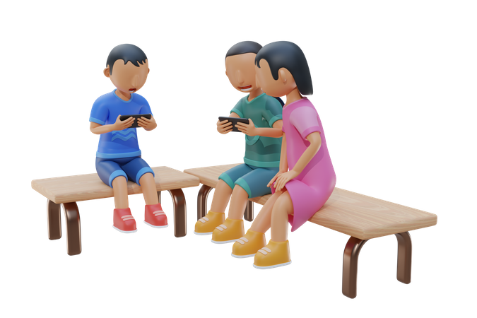 Little kid and friend use smartphone together  3D Illustration