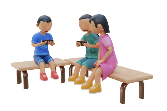 Little kid and friend use smartphone together  3D Illustration