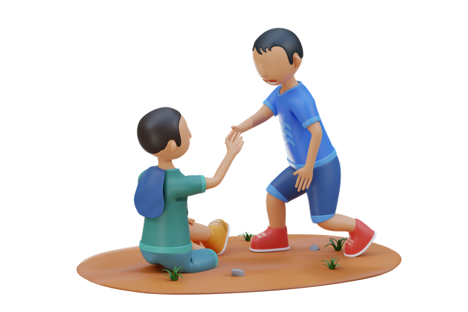 Little kid helping friend that falling on floor  3D Illustration