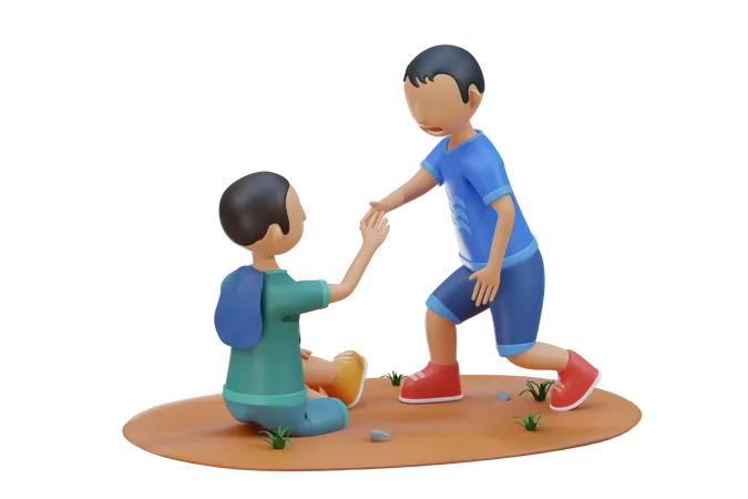 Little kid helping friend that falling on floor  3D Illustration