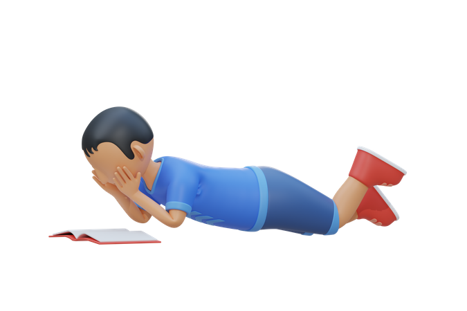 Little kid lay down and read book  3D Illustration