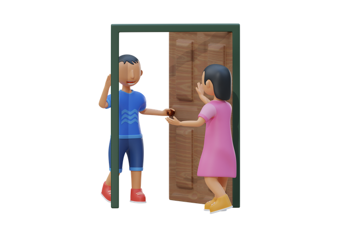 Little kid open the door for friend  3D Illustration