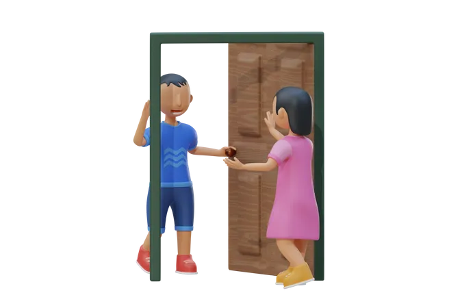 Little kid open the door for friend  3D Illustration