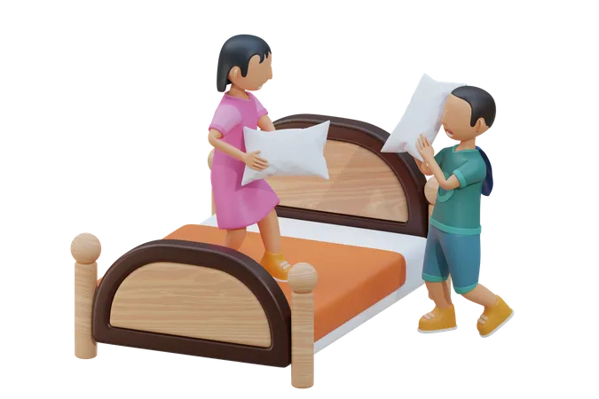 Little kid play pillow fight with friend  3D Illustration