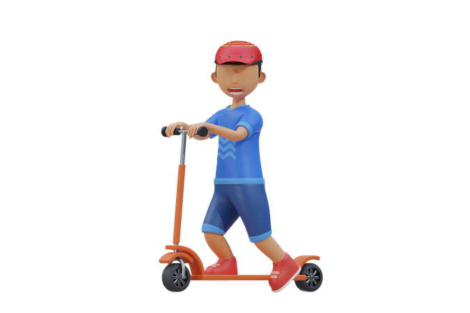 Little kid ride scooter and wear helmet  3D Illustration