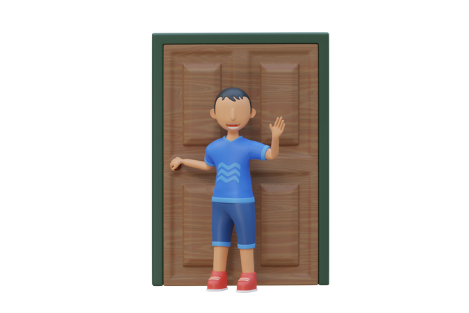 Little kid standing and holding door knob  3D Illustration