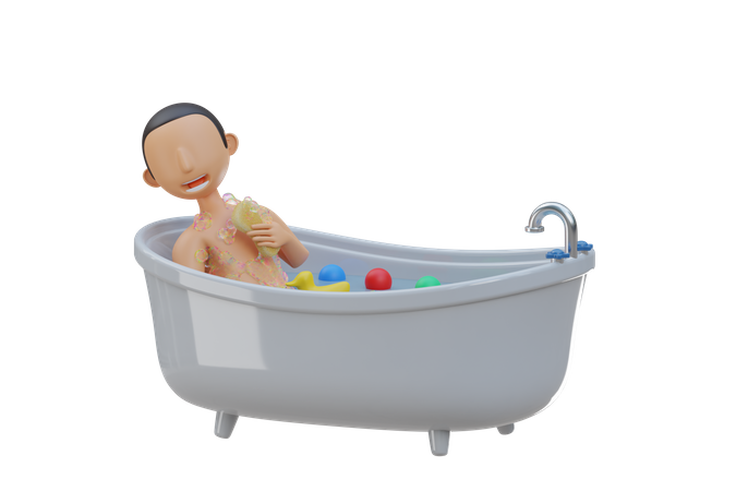 Little kid take bath in bathtub  3D Illustration