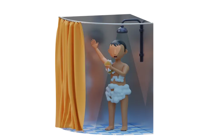 Little kid take shower and wash body  3D Illustration