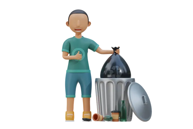 Little kid throw trash to trash bin  3D Illustration