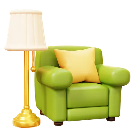 3 D Cute Cartoon Christmas Green Couch In Cozy Living Room In The House With Lamp And Yellow Cushion Winter Season Happy New Year Decoration Merry Christmas Holiday New Year And Xmas Celebration Merry Christmas New Year Seasonal 3D Icon