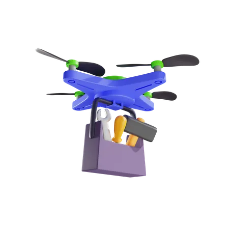 Livraison d'une mallette de transport avec divers outils par drone  3D Illustration