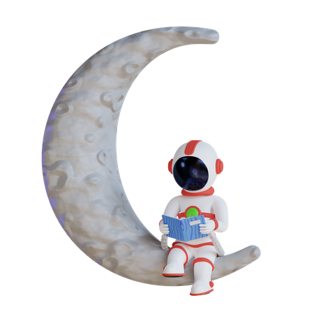 Livre de lecture d'astronaute sur la Lune  3D Illustration