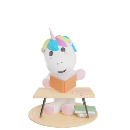 Livre de lecture de licorne  3D Illustration