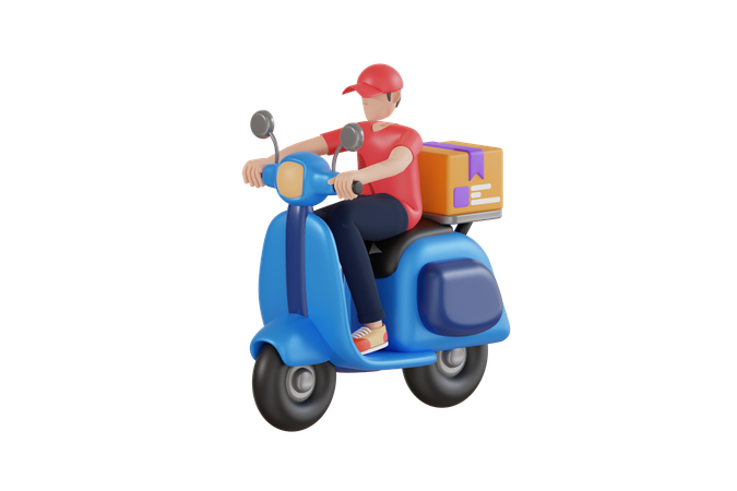 Livreur à moto avec boîte de livraison  3D Illustration