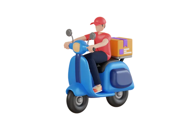 Livreur à moto avec boîte de livraison  3D Illustration