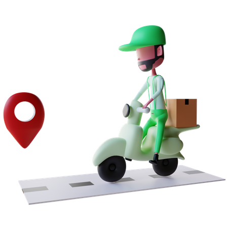 Livreur atteignant le lieu de livraison sur un scooter  3D Illustration