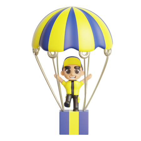 Livreur atterrissant avec parachute  3D Illustration