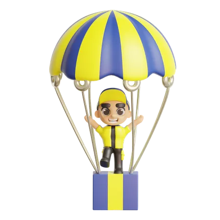 Livreur atterrissant avec parachute  3D Illustration