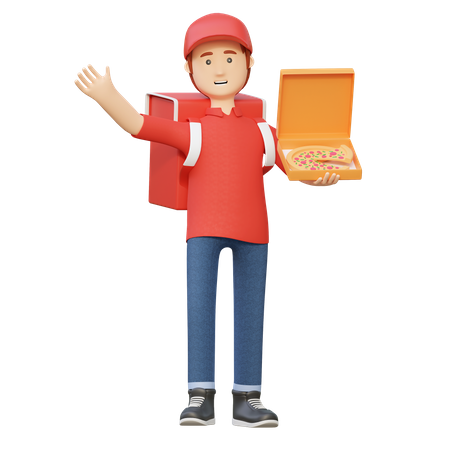 Livreur avec boîte à pizza  3D Illustration