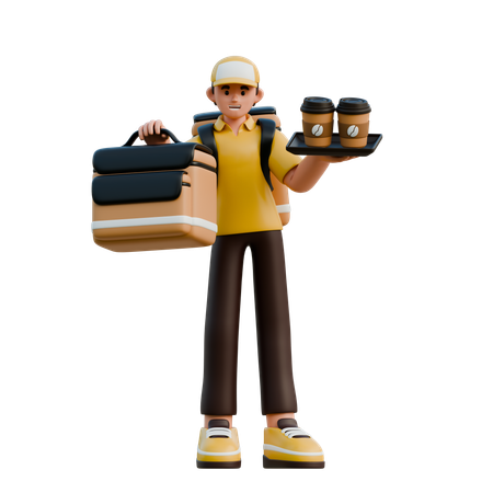 Livreur avec café et transport à la main  3D Icon