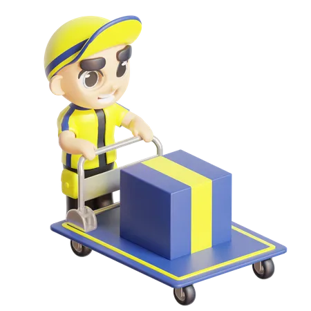Livreur avec chariot de livraison  3D Illustration