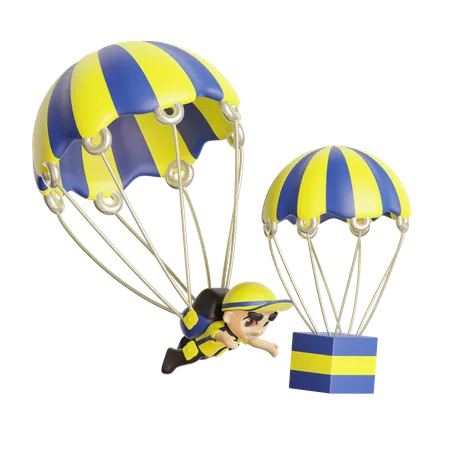 Livreur avec colis portant un parachute  3D Illustration