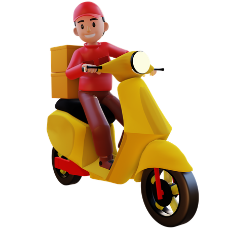 Livreur conduisant une Vespa en allant livrer un colis  3D Illustration