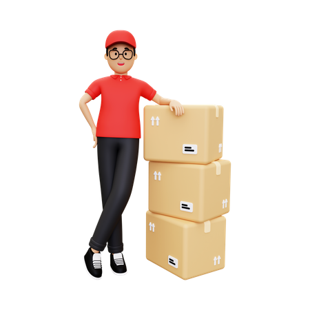 Livreur debout à côté d’une pile de carton  3D Icon