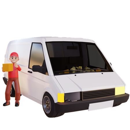 Livreur debout avec une camionnette de livraison  3D Icon