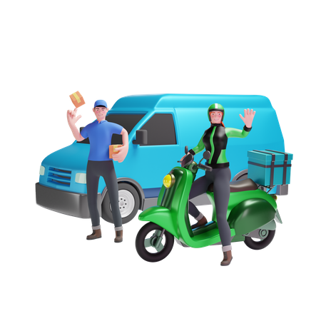 Livreur et livreuse agitant en van et scooter  3D Illustration