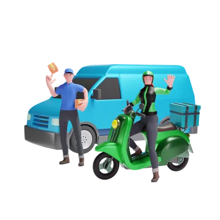 Livreur et livreuse agitant en van et scooter  3D Illustration